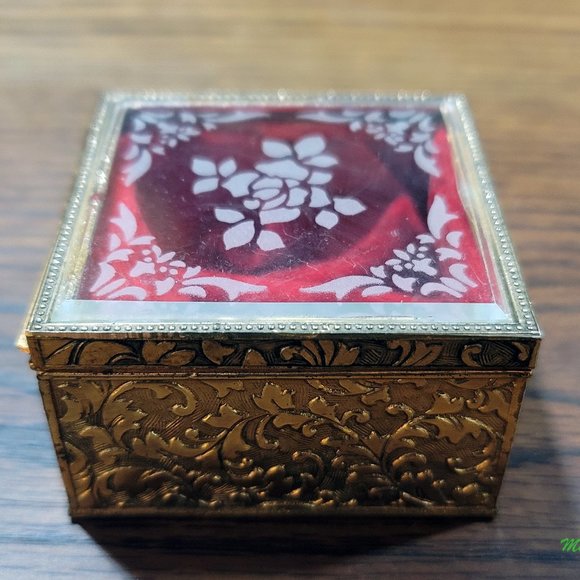 Brass Jewelry Box Velvet Lined with Decorative Glass Top - Picture 4 of 6